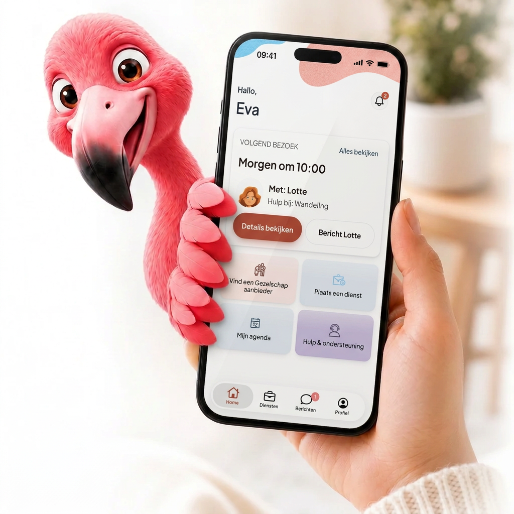 Flo de flamingo houdt samen met een hand een telefoon vast met de app Gezelschap.nl
